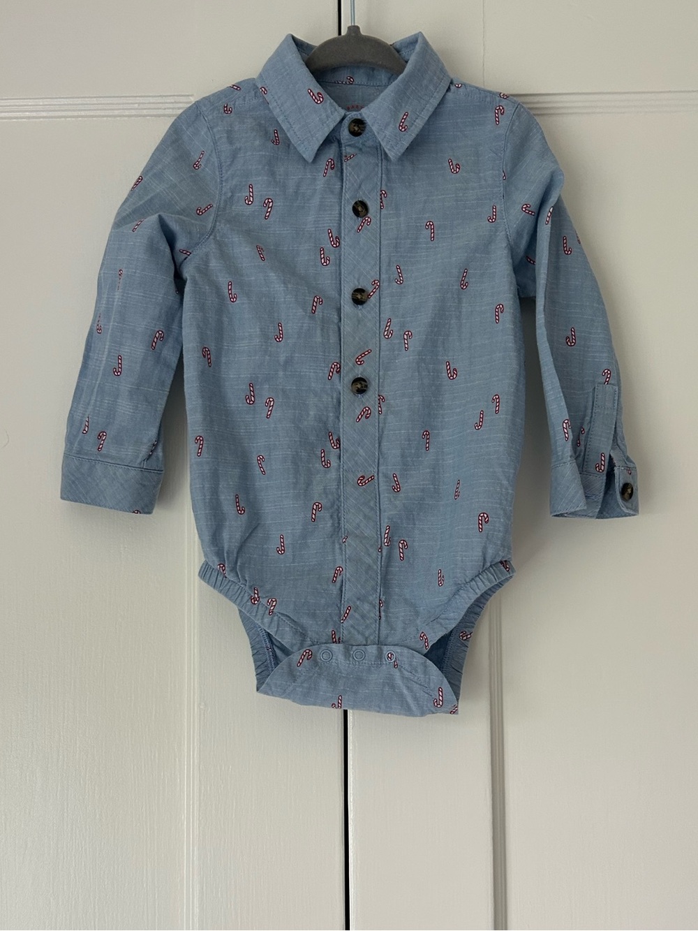 Cat & Jack Baby Boys Button-Up Bodysuit 18M Blue Candy Cane Print Long Sleeve